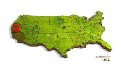3D rendering of united states map highlighting California state isolated on transparent background
