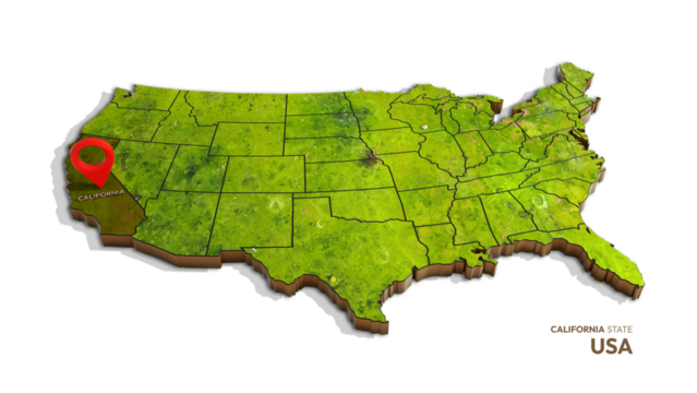 3D rendering of united states map highlighting California state isolated on transparent background
