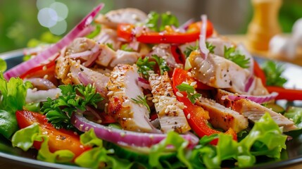 French cuisine. Turkey salad with onion, pepper and sesame seeds.