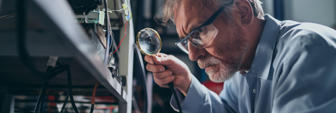 Senior Technician Inspecting Electronics with Magnifying Glass in Workshop
