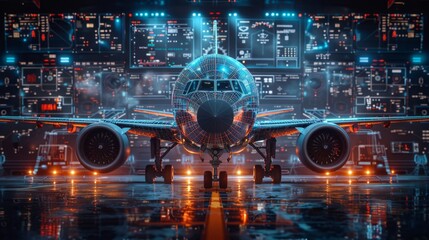 Fototapeta premium Futuristic Aircraft in a High-Tech Hangar - Generative AI