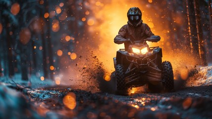 ATV Rider Navigating Snowy Forest Path at Dusk