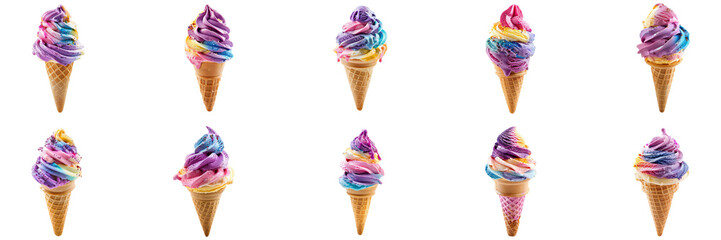 Set of A vibrant scoop of strawberry ice cream with fresh strawberry pieces on transparent png background