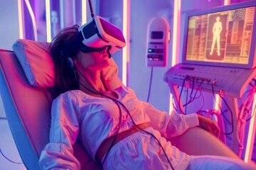 Obraz premium Woman in white outfit using VR headset in a futuristic room with neon lights and medical equipment
