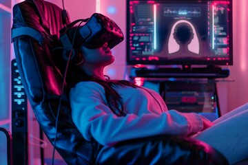 AI-generated illustration of a young woman using VR headset in a futuristic setup with neon lights.