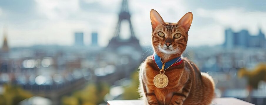 Cat perched on a miniature podium, wearing a medal, Paris skyline in the background, festive and celebratory mood, vibrant colors
