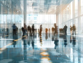 Blurred business people meeting in modern office building conference room, Generative AI