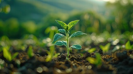 Serene countryside, young Withania plant growing, highlighting dicotyledonous traits, natural field, soft light, peaceful atmosphere