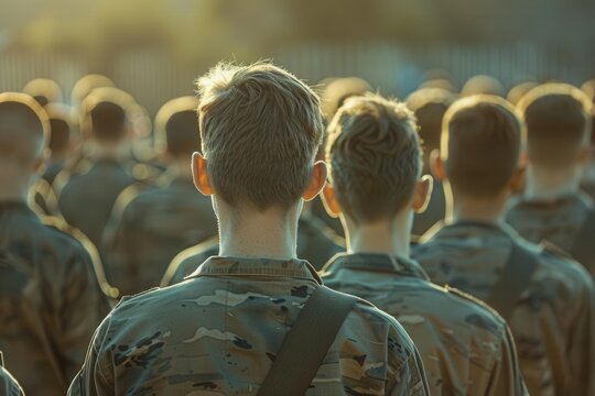 Military training session, backview of students, midday sun, eye-level shot, disciplined style - Powered by Adobe