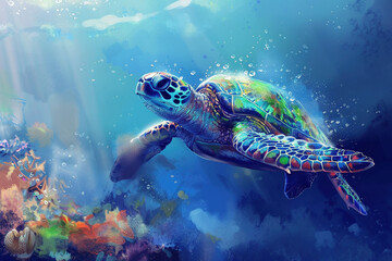 Obraz premium Schildkröte schwimmt durch Meer