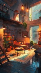 Naklejka premium In a co-living space, a cozy living room invites relaxation with shared amenities. Residents enjoy a harmonious blend of comfort and community in this inviting environment, non-ownership mentality