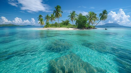 A depiction of a paradise island, featuring pristine beaches, crystal-clear waters, lush greenery, and perhaps a distant sunset or sunrise, embodying serenity and natural beauty.