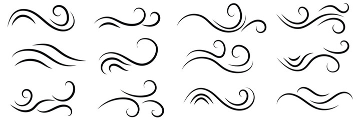 Set of wave shapes, wave formats, shapes, wave forms of water or wind flows. symbol shapes of wind and water waves flow on white background.