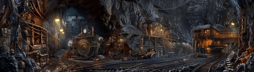graphic of a coal mine, with detailed machinery, workers, and underground tunnels, providing a comprehensive view of the extraction process and the industrial environment