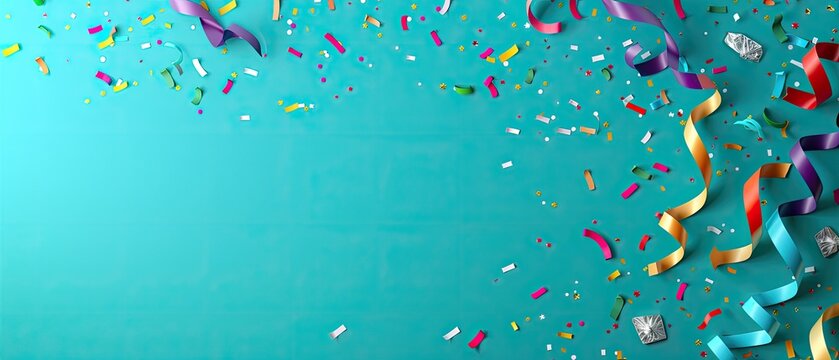 Colorful streamers and confetti flying against a turquoise background, symbolizing celebration and festive occasions with a joyful atmosphere.