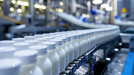 Obraz premium Industrial Scale Yogurt Production. Bottles Flowing on Assembly Line