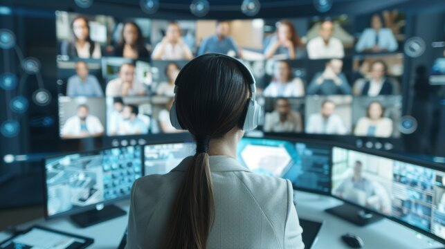 Global Virtual Team Meeting in Futuristic Interface with Diverse Professionals on Screens in Circular Pattern
