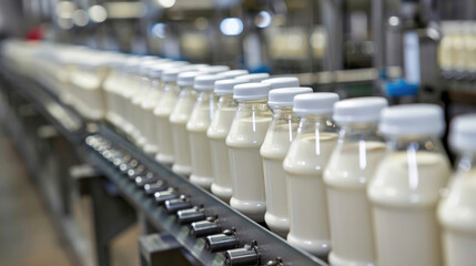Obraz premium Industrial Scale Yogurt Production. Bottles Flowing on Assembly Line