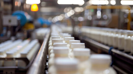 Industrial Scale Yogurt Production. Bottles Flowing on Assembly Line