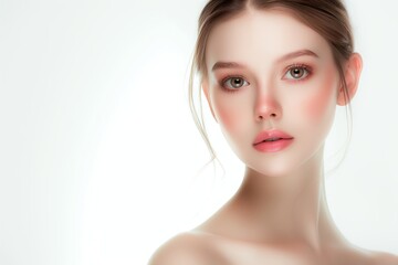 Obraz premium close up face portrait of young pretty woman hazel eyes with bright flawless clean clear skin, beauty cosmetic or skincare fashion portrait with copy space