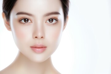 Obraz premium close up face portrait of young Asian pretty woman brown eyes with bright flawless clean clear skin, beauty cosmetic or skincare fashion portrait with copy space