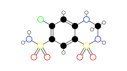 hydrochlorothiazide molecule, structural chemical formula, ball-and-stick model, isolated image hydrodiuril