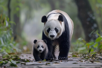 Obraz premium A big panda with a baby panda walking through the forest