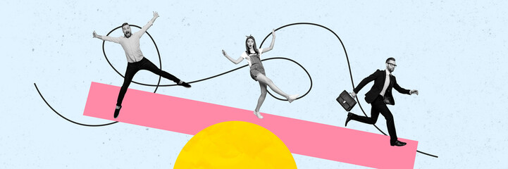 Composite panoramic collage of three business partners jump run career development scales promotion...
