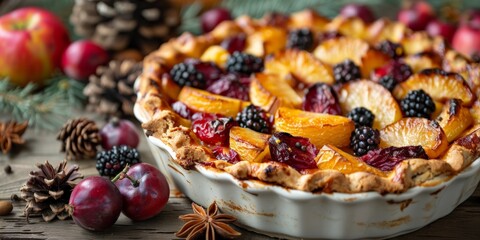 Fototapeta premium Delicious autumn dessert with apples and cranberries.