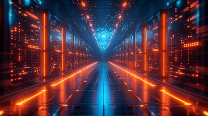 Futuristic Data Center Corridor with Neon Lights - Generative AI