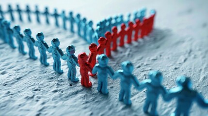 Fototapeta premium Small plastic figures arranged in a line show the concept of social distancing and health safety precautions for a corporate report.