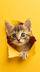 Cute kitten peeking through the hole in yellow paper