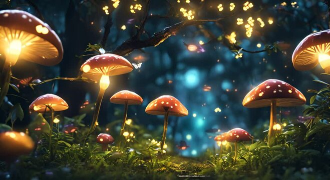 Night Forest with fireflies butterflies luminous mushrooms Thousands of massive trees and beautiful flowers and vines Relaxing place anime style dark colors 4k animation