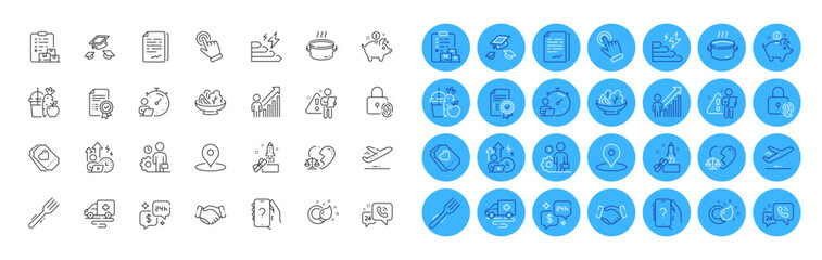 Throw hats, Ambulance transport and Love ticket line icons pack. Juice, Plane, Fingerprint lock web icon. Fork, Employee result, Divorce lawyer pictogram. Timer, Ask question, Innovation. Vector