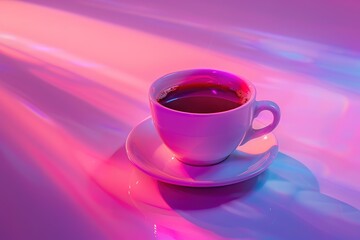 Fototapeta premium Cup of coffee on saucer under neon lights with dynamic shadows