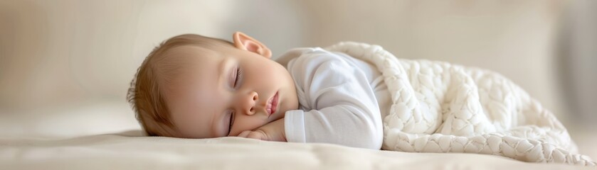 Peaceful baby sleeping soundly on a soft bed, wrapped in a white blanket. Perfect for themes of innocence, tranquility, and childhood.