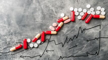 Various capsules and tablets arranged to form an upward arrow on a chalkboard background.