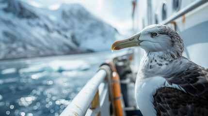 Close up shot of an Albatros from side sitted on a handrail of a big ship in the sea near a snwoy mountain.