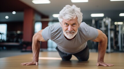 Fototapeta premium Elderly man in good physical shape performs physical exercise push-ups in the gym