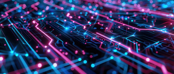 Obraz premium Close up of circuit board with blue pink lights, electronics, innovation futuristic concepts