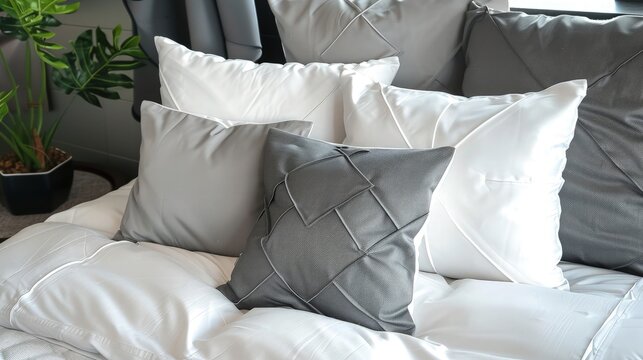 A collection of soft gray and white cushions is arranged on a bed to showcase modern interior design for lifestyle advertisements.