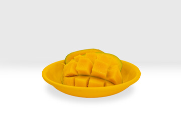 Delicious Looking Green Mangoes Chopped Tropical Fruit Cut Slices and Whole in a Basket Isolated White Background