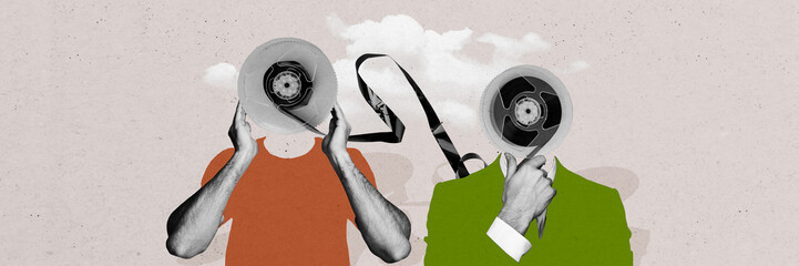 Composite trend artwork image photo collage of caricature headless two people young man portrait...