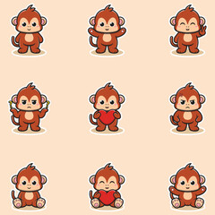Cute Monkey character different poses illustration. Cartoon character design. Flat Cartoon Style. Cute Animal Set.