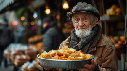 Elderly Man Holding a Plate of Food at a Market