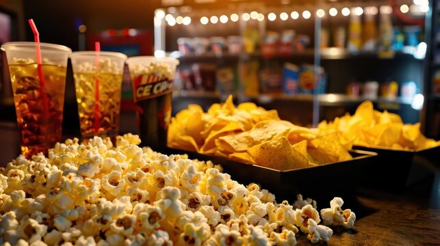 Movie theater concession stand, dim lights, medium shot of popcorn, nachos, and soda on the counter