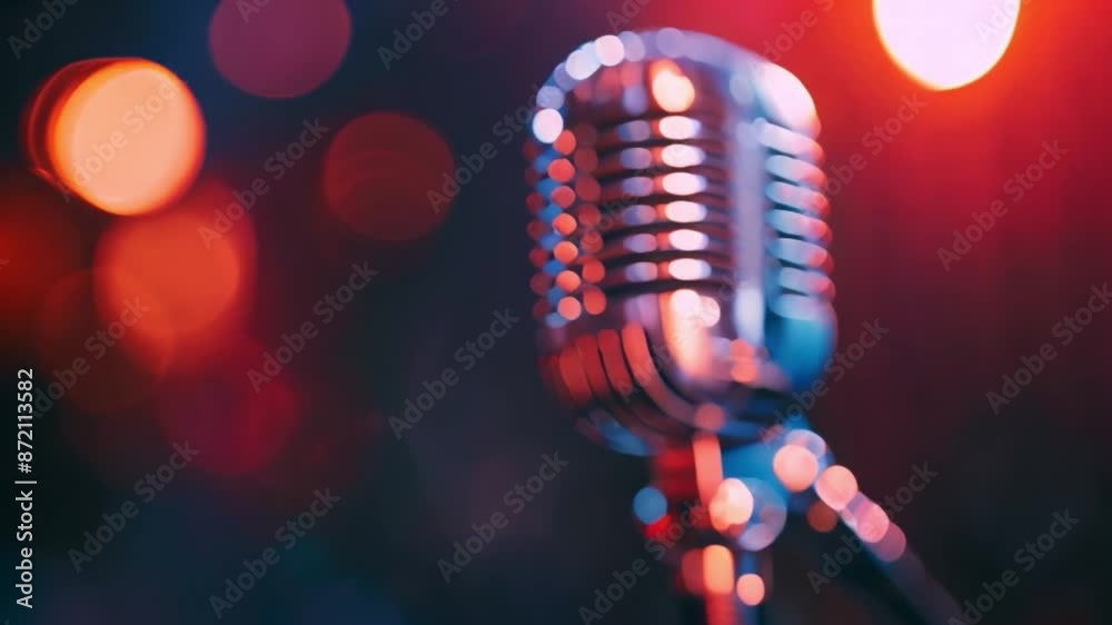 Poster This silver microphone on a stand in front of a stage with red and blue lights.