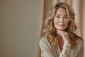 Content older woman in a cozy room with warm sunlight and autumn decorations.