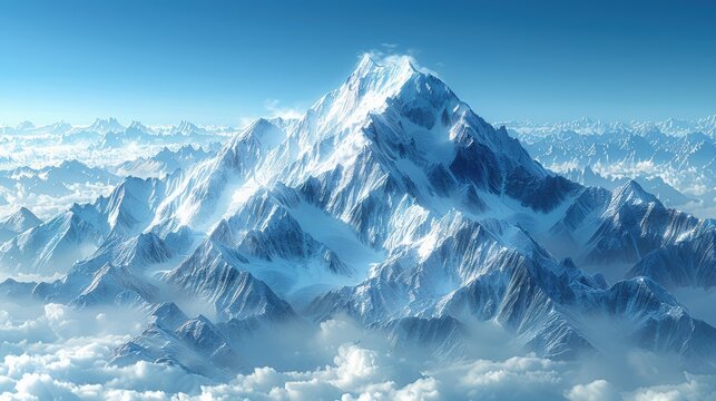 A majestic mountain range with snow-capped peaks under a clear blue sky.