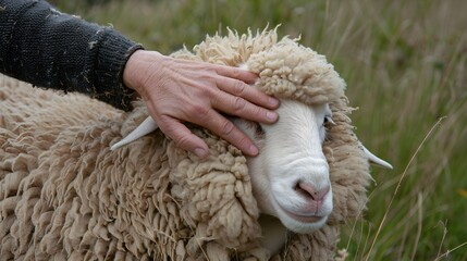 Naklejka premium Petting a Sheep: Hands petting the thick wool of a sheep in a meadow, with the sheep grazing peacefully. 